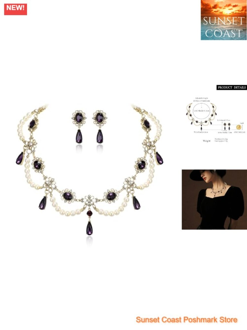 Gothic Simulated Pearl Jewelry Set Necklace Dangle Earrings Halloween Costume